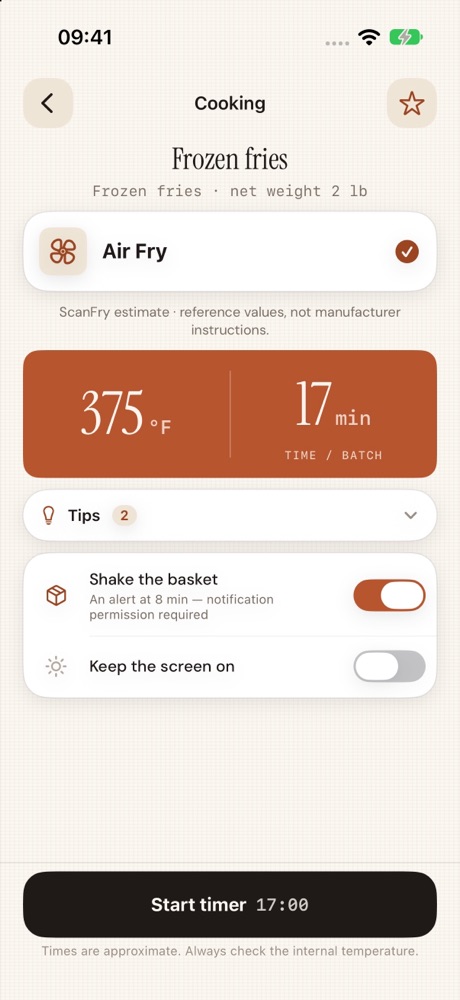 ScanFry result for frozen fries: 375 °F, 17 minutes per batch