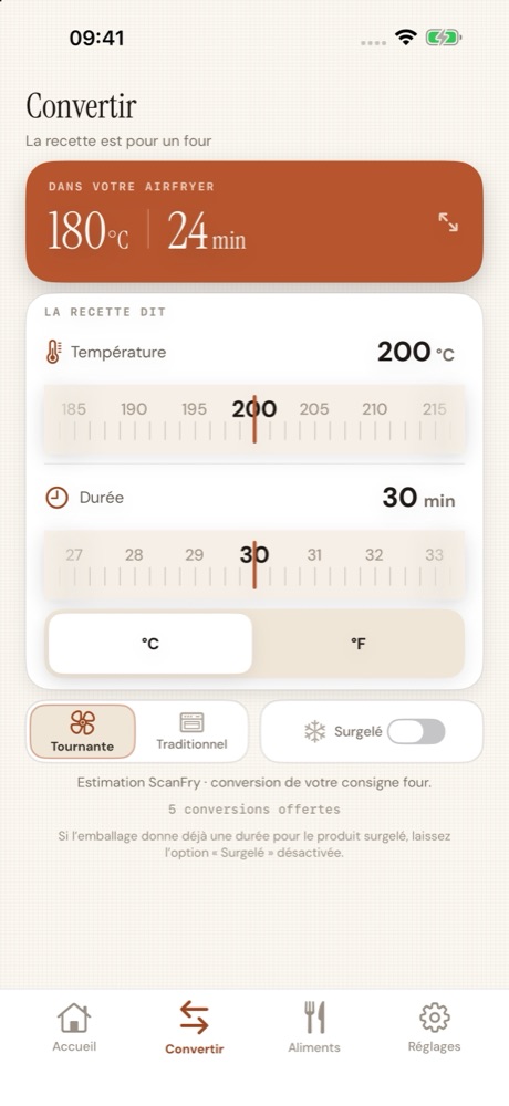 Convertisseur ScanFry : 200 °C pendant 30 minutes au four deviennent 180 °C pendant 24 minutes à l’airfryer