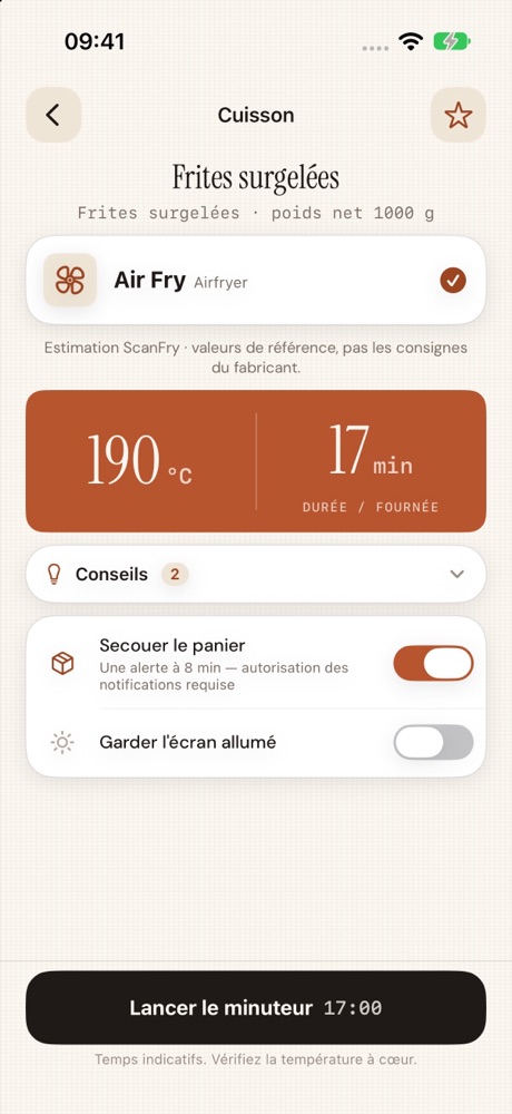 Résultat ScanFry pour des frites surgelées : 190 °C, 17 minutes par fournée
